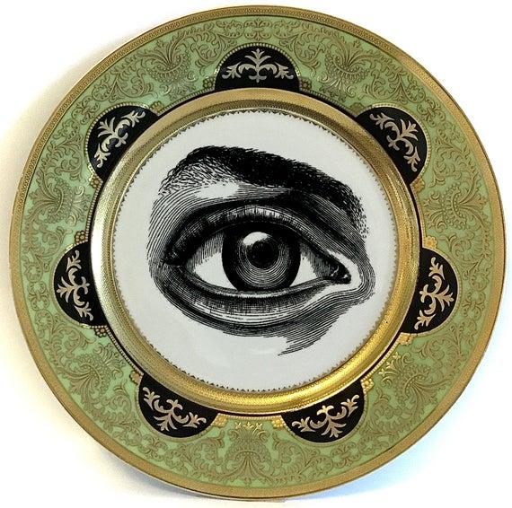 FREE SHIPPING - Green, Black and Gold Porcelain Eye Plate or Teacup/Saucer Set. Foodsafe, Dishwasher Safe.