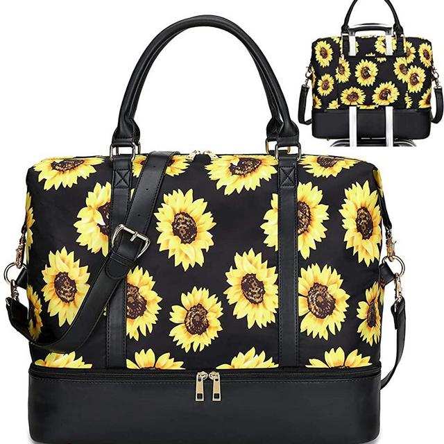 Travel Weekender Bag Women Carry on Tote Sunflower Water-resistant Pu Leather Shoulder Handbag with Trolley Sleeve