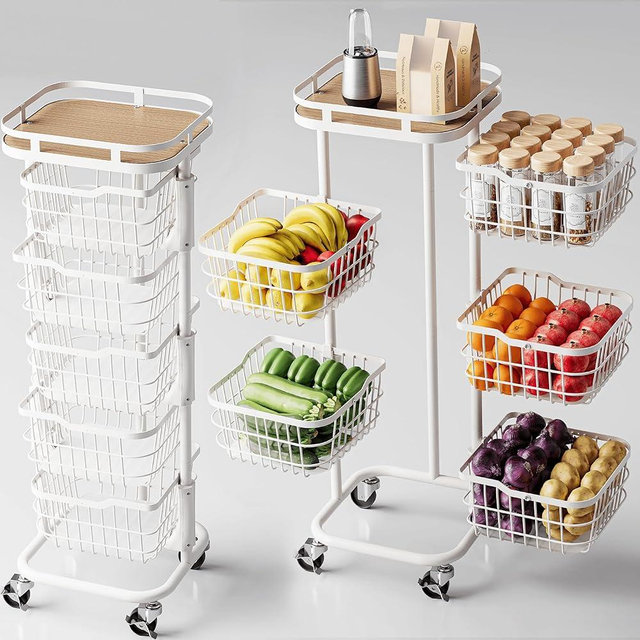 Ocyfym 5 Tier Kitchen Fruit Vegetable Storage Cart with Rotating Basket, Rolling Rack Shelf Organizer Floor Stand on Wheel for Snack Spice Produce Veggie Onion Potato Bin, Vianderos Para Cocina, White