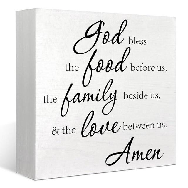 FLVGE Kitchen Decor: Bless the Food Before Us Wood Box Sign, Christian Bible Verse Decor for Farmhouse Kitchen & Dining Room, 5x5