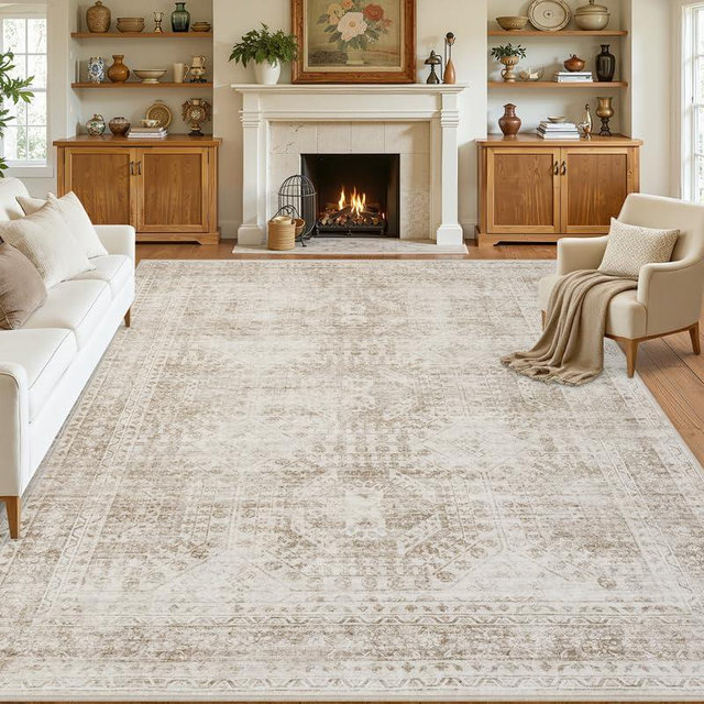 8x10 Area Rugs for Living Room: Vintage Boho Neutral Washable Rug Indoor Soft Large Area Rug Carpet for Bedroom Nursery Farmhouse Dining Room Office Floor Non-Slip Low Pile Under Table Rug Brown