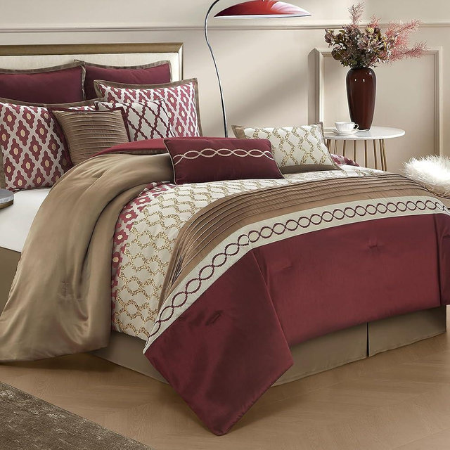 LANCO MODERN LIFESTYLE King Size Comforter Set, Burgundy, 10 Piece Bed in a Bag for All Seasons, Luxury Extreme Comfort Bedding Sets with Bedskirt, Pillow Shams, Euro Shams and Decor Pillows
