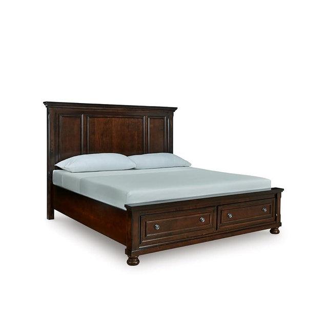 Signature Design by Ashley Porter Traditional 2-Drawer King Panel Platform Storage Bed with Bun Feet, Foundation or Box Spring Not Needed, Dark Brown