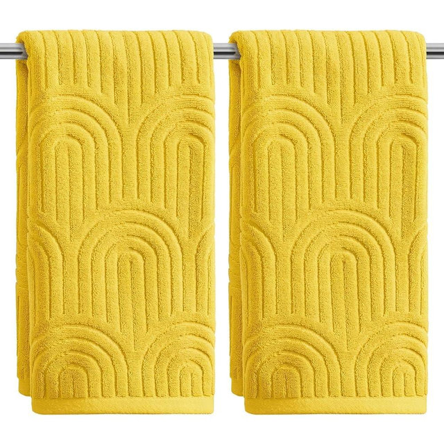 Artoid Mode 2 Pcs Yellow 3D Arched Stripes Jacquard Hand Towels for Bathroom, 100% Cotton Soft Absorbent Bathroom Decor Towels, 13.7 x 29.5 Inch