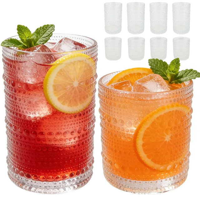 JYlanglin Hobnail Drinking Glasses Set of 8，Includes 12-ounce beer glasses and 10-ounce cocktail glasses.Kitchen Water Glass Cup,Bar Tumbler Glassware Set for Whiskey, Beer, Cocktail, Juice, Milk