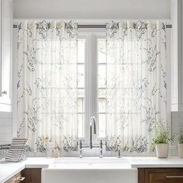 MYSKY HOME Linen Sheer Window Floral Curtains Panels Light Filtering Privacy Protect Drapes Set Farmhouse Style Texture Soft Touch Treatment Kitchen Bedroom Bathroom, 50" x 54", Navy Blue, 2 Panels
