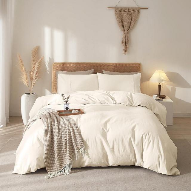 Wondnuga 100% Linen Duvet Cover, Pure French Flax Linen Duvet Cover Queen, Breathable Soft Durable Luxury with 8 Corner Ties and Zipper Closure - White 3 Pieces (1 Duvet Cover 2 Pillowcases)