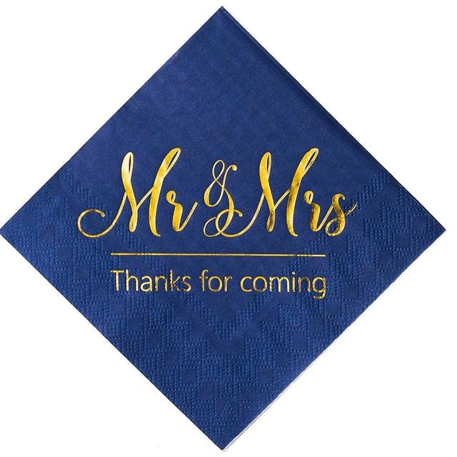 Crisky Wedding Napkins Mr Mrs Bule Gold Cocktail Beverage Dessert Napkins for Wedding Shower Engagement Party Decorations, 100 Pcs, 3-Ply