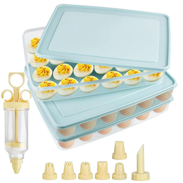 Akamino 3 Pcs Deviled Egg Containers with Lid,72 Count Plastic Egg Holder and Deviled Egg Injector Piping Tool,Portable Storage Carrier Fridge Stackable Countertop Egg Platter for Easter Picnic Party