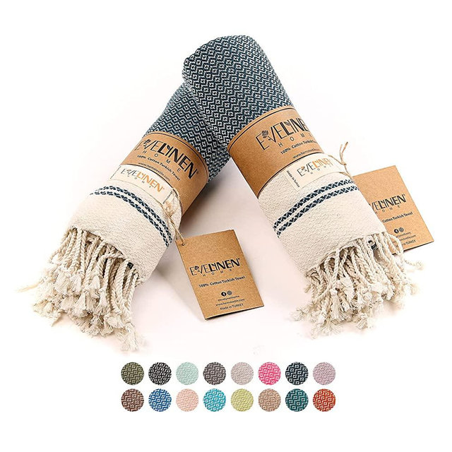 Evelynen Turkish Hand Towels for Bathroom & Kitchen Towels Decorative Set of 2 | Boho Farmhouse Hand Towels with Hanging Loops for Face, Tea, Dish, Kitchen & Bath |%100 Cotton (16" x 32" - Navy Blue)