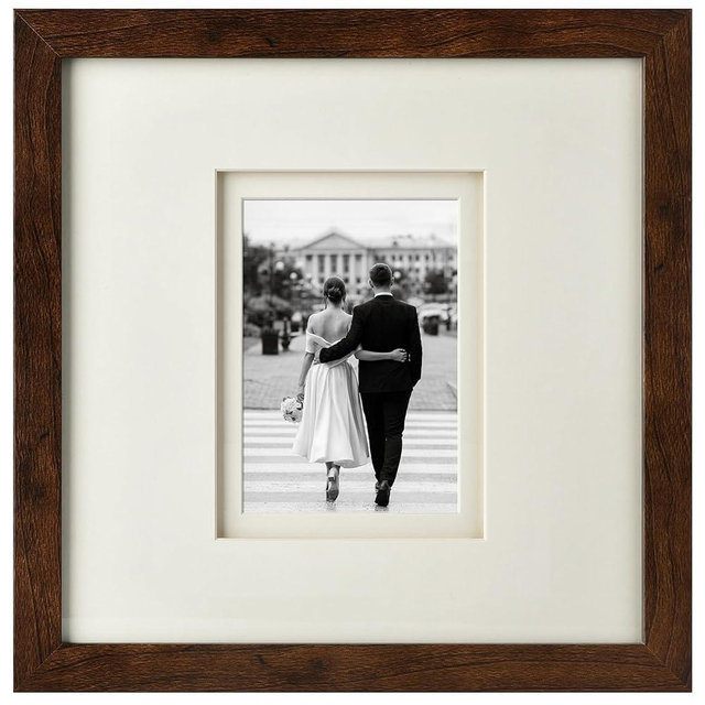 Yaetm 12x12 Square Picture Frame Matted to 5x7, Double Floating Ivory Mat, Brown Wood Grain Photo Frame with Polished HD Tempered Glass, Gallery Wall Art Frame for Wall Mounting, Single