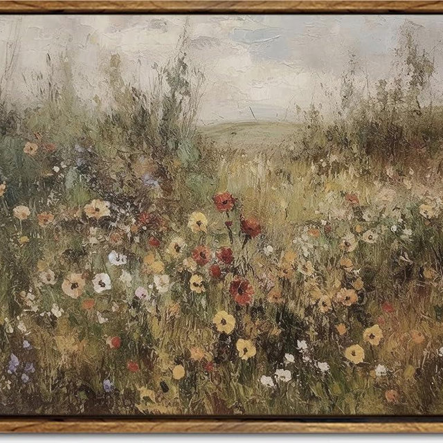 Framed Canvas Print Wall Art Vintage Pastoral Landscape with a Path Rustic Countryside Illustrations Fine Art Decorative Zen Multicolor Country/Farmhouse Retro for Bedroom - 12"x16" Natural