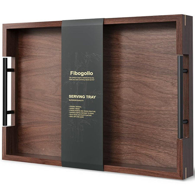 Fibogollo Walnut Wood Serving Tray with Metal Handles,17x12in Ottoman Decorative Trays Platter for Coffee Table,Living Room,Bar(Large)
