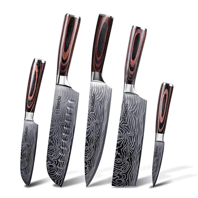 Seido Knives 5-Piece Damascus Master Chef Knife Set - Includes Gyuto, Santoku, Nakiri, Paring Knives - High-Carbon Stainless Steel Kitchen Knives