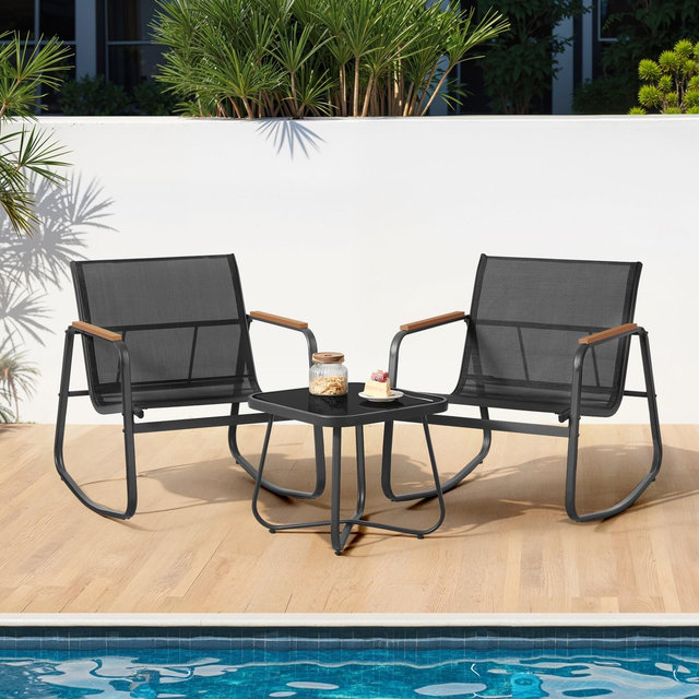 3-Piece Outdoor Patio Set with 2 Rocking Chairs & Table, Steel Frame, Breathable Synthetic Fabric, Garden & Backyard, Ink Black