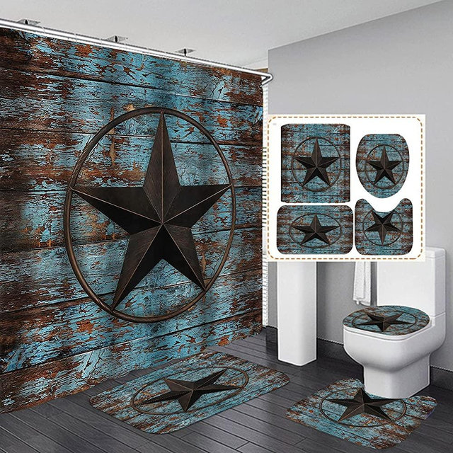 Camille&Andrew 4PCS/Set Western Texas Star Fabric Shower Curtain, Vintage Brown Blue Shabby Wood Rustic Plank Board Rural Country Farmhouse Bathroom Decor, Non-slip Bath Rugs Toilet Mats Carpets, Blue