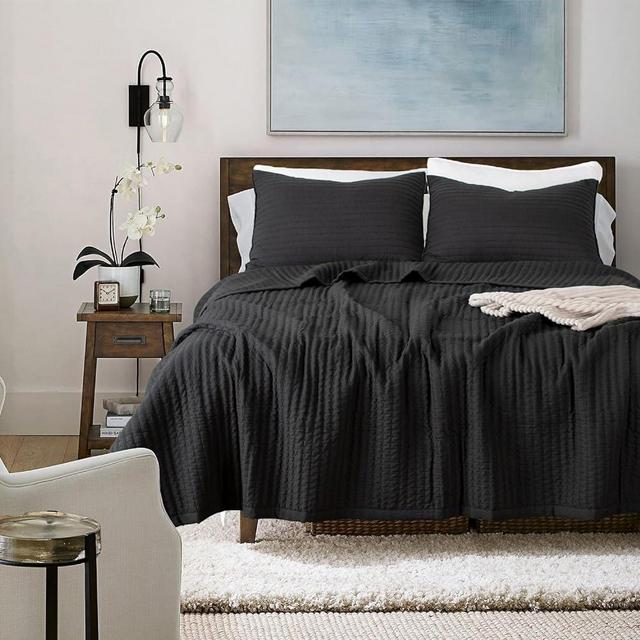KASENTEX Quilt-Bedding-Coverlet-Blanket-Set, Machine Washable, Ultra Soft, Lightweight, Stone-Washed, Detailed Stitching - Solid Color (Jet Black, Oversized King + 2 King Shams)