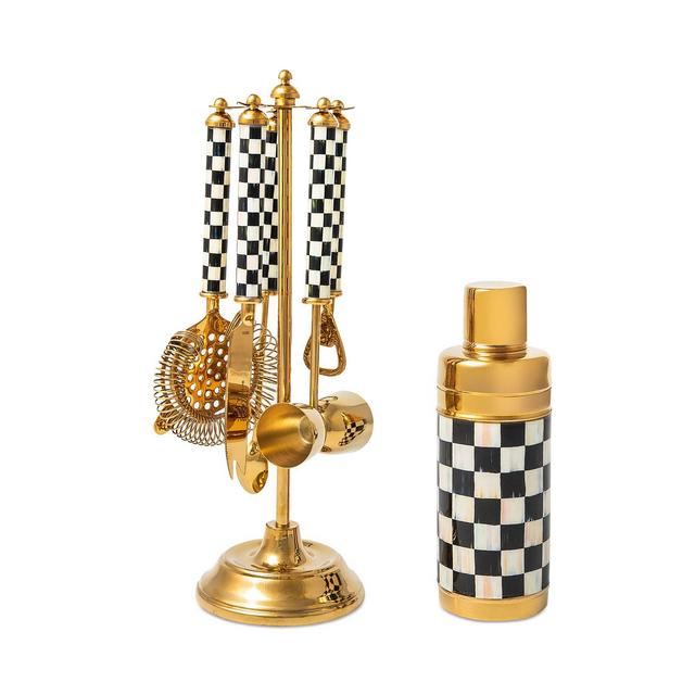 MacKenzie-Childs Courtly Check Gold 3260 5-Piece Bar Tool Set with Stand