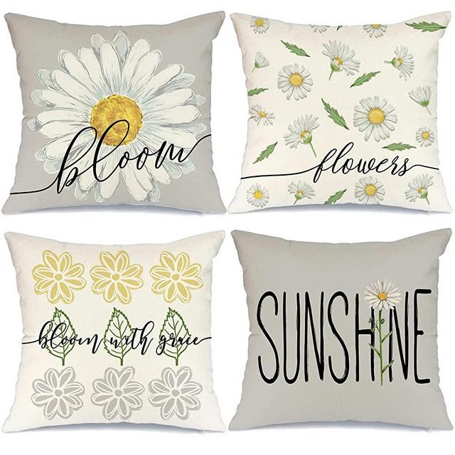 AENEY Pillow Covers 18x18 Inch Set of 4 Farmhouse Decor Daisy Bloom Floral Spring Summer Pillows Decorative Throw Pillows Grey Sunflowers Pillowcase Cushion Case Summer Decorations for Home