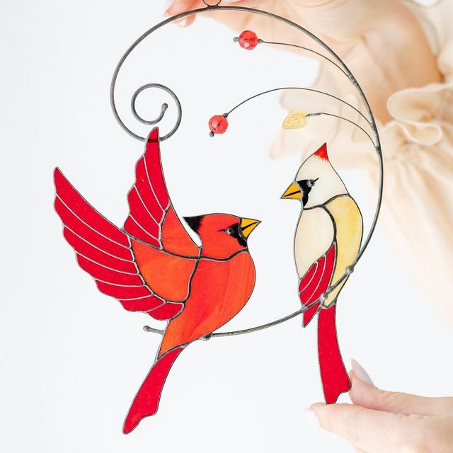 Red Cardinals couple stained glass suncatcher Window hanging accessory Personalize light catcher Glass decor Christmas gift