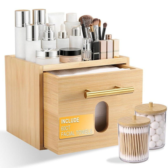 BSSN Face Towel Holder with 60 XL Disposable Wipes, Bamboo Facial Towelettes Container with Drawer and 2 Jars for Cotton Balls, XL Washcloths Organizer for Bathroom Vanity and Makeup Remover