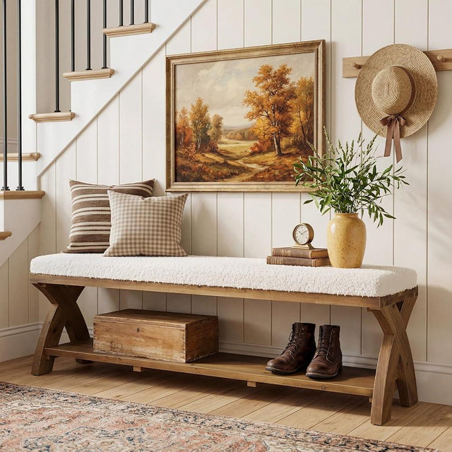 TRIBEWOOD Solid Wood Shoe Bench with Cushion Padded Seat, 55-Inch Farmhouse Entryway Bench Shoe Rack Organizer with X-Shaped Legs for Hallway, Living Room, Closet
