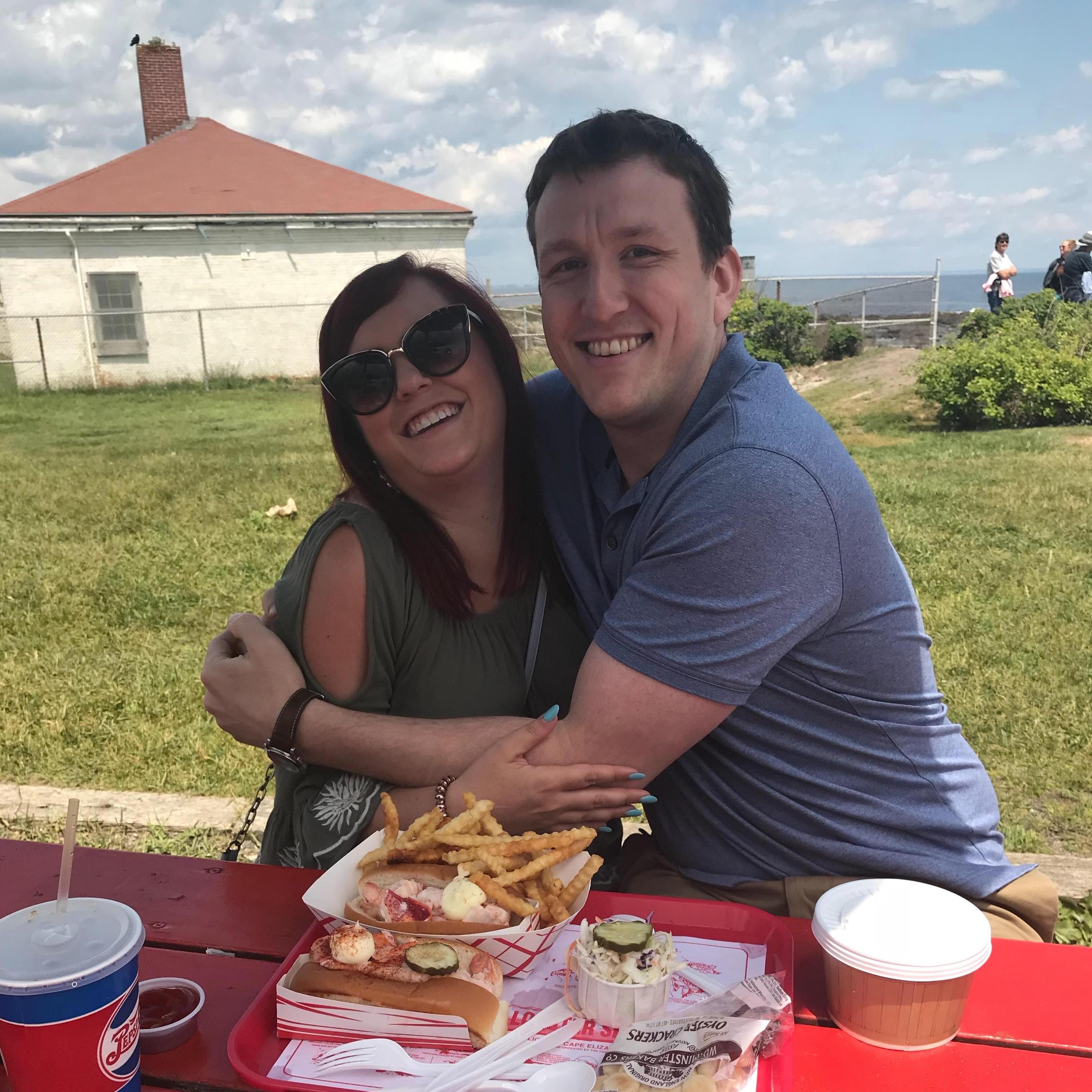 This photo is from our first trip to Maine in June 2018 -- eating lobster rolls with an ocean view is one of our favorite activities!