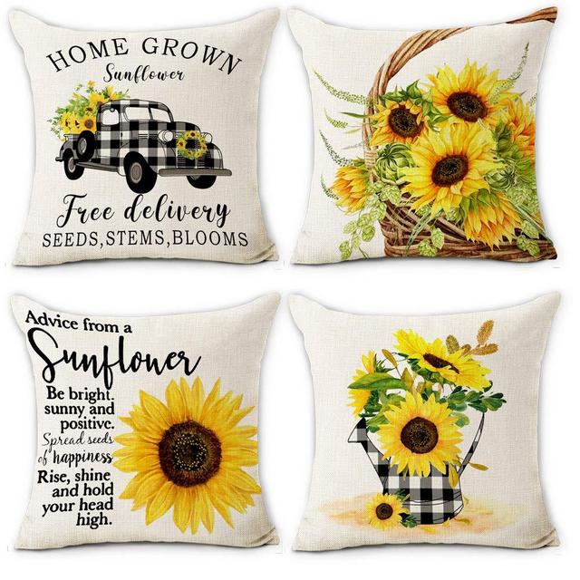 pinata Sunflower Pillow Covers 18x18, Cotton Linen Farmhouse Decorative Throw Pillows Sets of 4, Buffalo Plaid Home Decor Cushion Pillowcase for Sofa