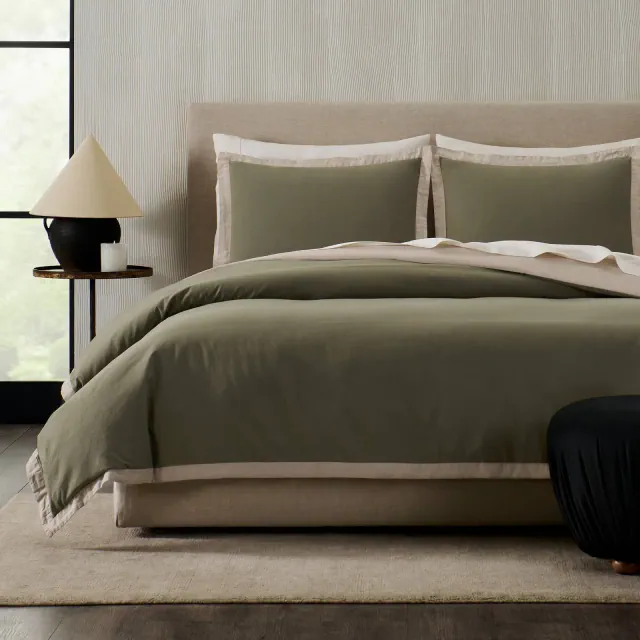 Jeremiah Brent Home 3pc Full/Queen Contrast Border Cotton Slub Reversible Duvet Set Green