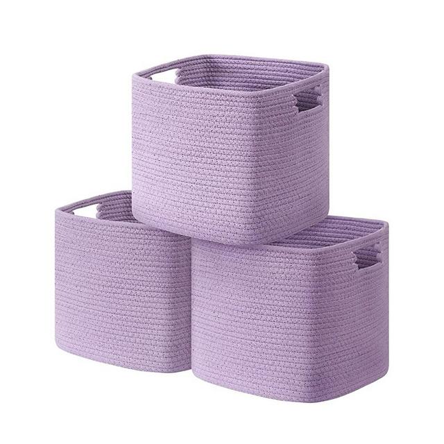 UBBCARE Cube Storage Bins Organizer Set of 3 Collapsible Cotton Rope Storage Baskets Decorative Woven Basket With Handles 11" H x 10.5" W x 10.5" D Purple