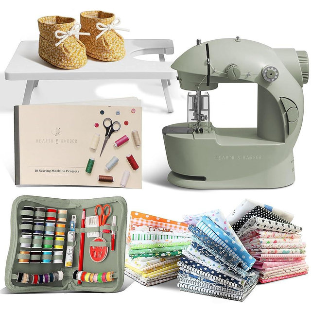 Hearth & Harbor Mini Sewing Machine for Beginners, Dual Speed Small Portable Sewing Machine for Kids and Adults with Extension Table, 122 Piece Gift Set Includes, Fabrics, Project Book and More, Green