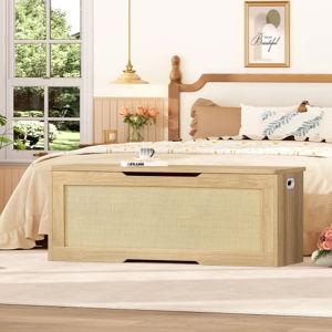 47.24'' Rattan Storage Chest With 2 Safety Hinges, Rattan Storage Trunk, Lift Top Storage Bench, Toy Chest, Toy Box For Bedroom - Natural Wood, 19.68"H x 47.24"W x 15.74"D