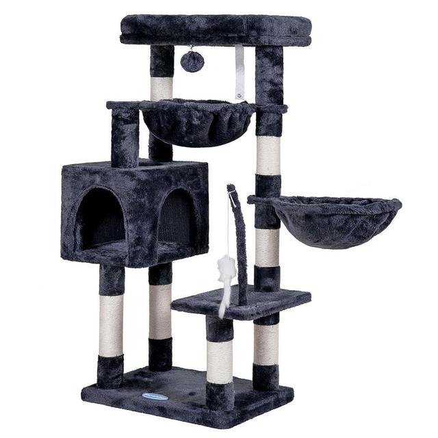 Hey-brother Cat Tree with Toy, Cat Tower for Indoor Cats, Cat House with Large Padded Platform Bed, Cozy Condo, Hammocks and Sisal Scratching Posts, Smoky Gray MPJ018G