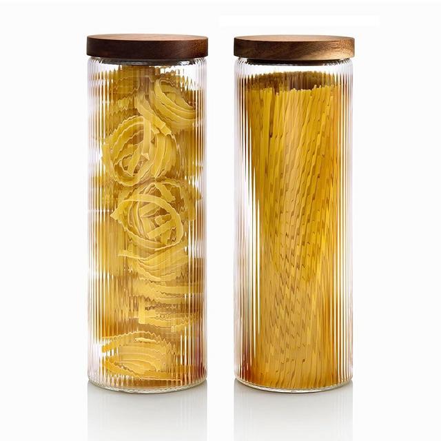 Mason & Fable Ribbed Glass Canisters or Spaghetti Jars with Airtight Wood Lid- Tall Storage Containers for Pasta, Cereal or Flour -Ideal for Kitchen/Pantry Organization - 60 fl.oz, Set of 2