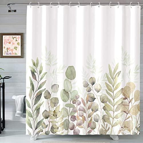 AMM Green and White Shower Curtain, Fabric Shower Curtains for Bathroom, Plant Leaves Shower Curtain Sets with 12 Hooks 72''×72‘’ (Green White)
