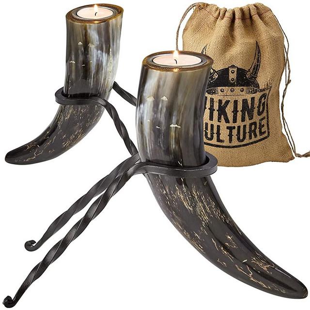 Viking Culture Horn Tealight Candle Holder Set with Wrought Iron Stands, Rustic Home Decor for Modern, Vintage or Farmhouse Styles, Vintage Burlap Storage Bag