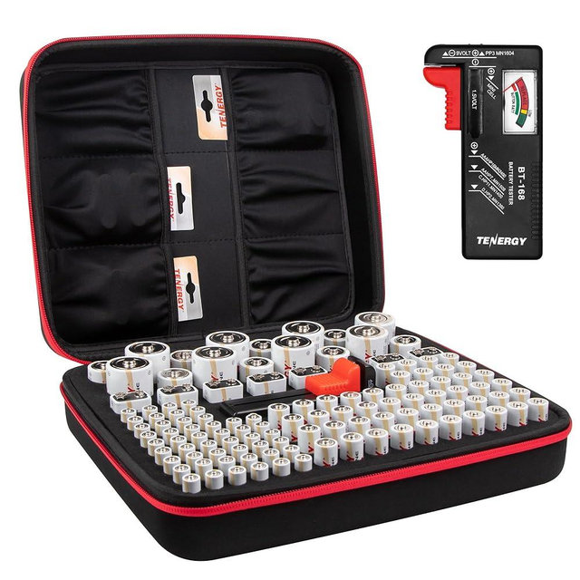 Tenergy Large Battery Organizer Storage Case with Battery Tester, Holds 120 Batteries AA AAA C D 9V (Batteries not Included)