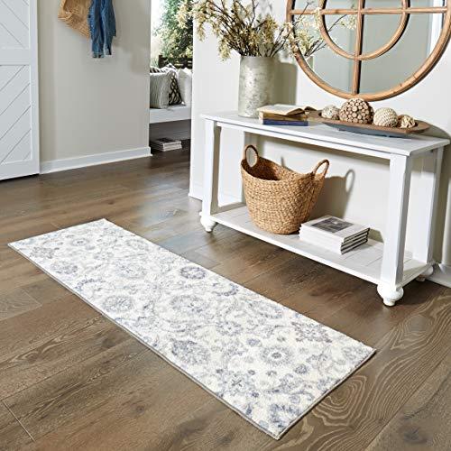 Maples Rugs Blooming Damask Non Slip Runner Rug For Hallway Entry Way Floor Carpet [Made in USA], 2 x 6, Gray/Blue