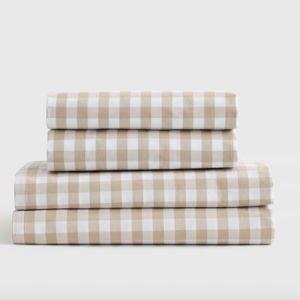 QUEEN-Classic Organic Percale Gingham Sheet Set in Cafe