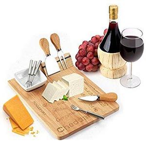 Bamboo Cheese Board with Cutlery Set, Wood Charcuterie Platter and Serving Meat Board with Slide-Out Drawer with 4 Stainless Steel Knife and Server Set - Personalized Gifts. Designed By: Bambusi