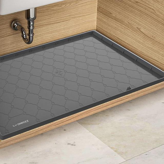 ONNIXZ Under Sink Mat for Kitchen Waterproof - 34" X 22" Strong Silicone Under Sink Liner with Drain Hole, Sink Cabinet Protector Mats for Kitchen & Bathroom, Under Sink Drip Tray Mat for Leaks Spills