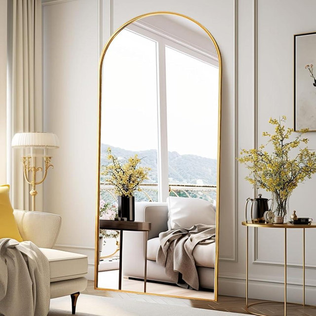 Rowjut Floor Length Mirror, 76"x34" Arched Full Length Mirror, Mirror Full Length Standing Hanging or Leaning, Freestanding Full Body Mirror, Wall Mounted Mirror with Thin Aluminum Frame (Gold)