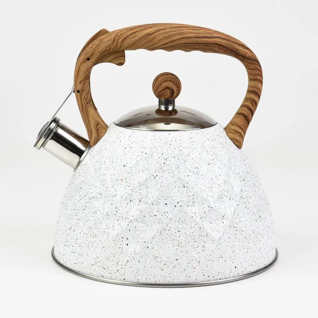 SharpChef Whistling Stovetop Tea Kettle,Food Grade Stainless Steel, Cool Touch Wood Look Handle, Fast Boil, for Gas, Electric, and Glass Ranges - 3L
