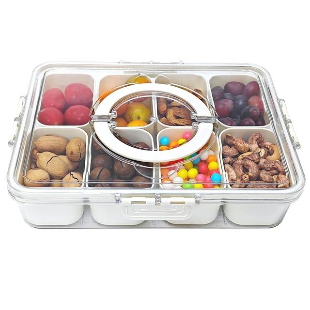 Portable Divided Serving Tray with Lid & Handle - Snackle Box Container Organizer for Fruit, Candy, Nuts,Snacks - 8 Compartments Serving Platter for Picnic, Party, Holidays and Travel (White)