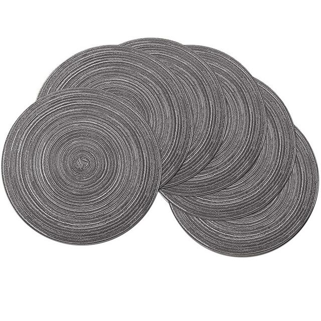 SHACOS Round Braided Placemats Set of 6 Round Table Mats 15 inch Cotton Washable for Holiday Party (Black Grey, 6)