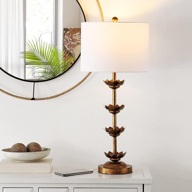 SAFAVIEH Lighting Collection Lani Leaf Antique Gold Table Lamp Set of 2 with USB Charging Port (LED Bulb Included)
