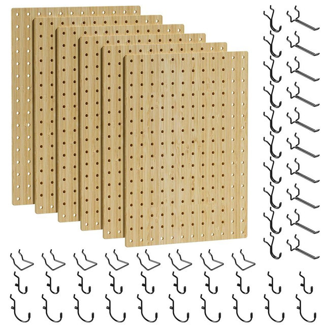 VOIMO Bamboo Pegboard Organizer Set, 6 Panels (16"x12") with 48 Hooks – Eco-Friendly Wall Mounted Storage Rack for Tools, Crafts & Office – Natural Bamboo Pegboard System with Accessories
