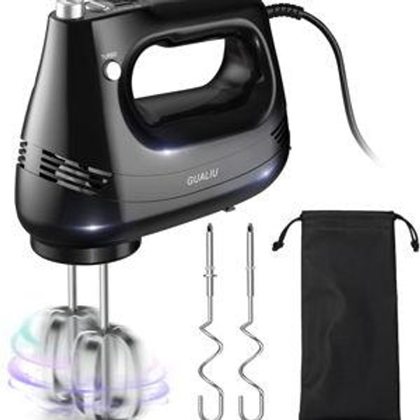 Electric Hand Mixer with Stainless Steel Whisk, Dough Hook Attachment and Storage Bag, Handheld Mixer for Baking Cakes, Eggs, Cream Food Mixers. Turbo Boost /5 Speed Kitchen Blender