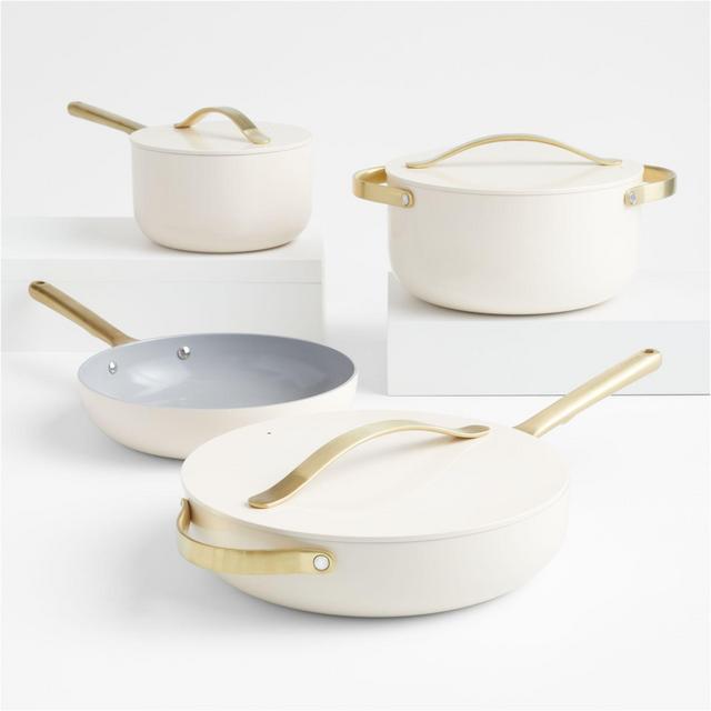 Caraway Home Cream 7-Piece Ceramic Non-Stick Cookware Set with Gold Hardware
