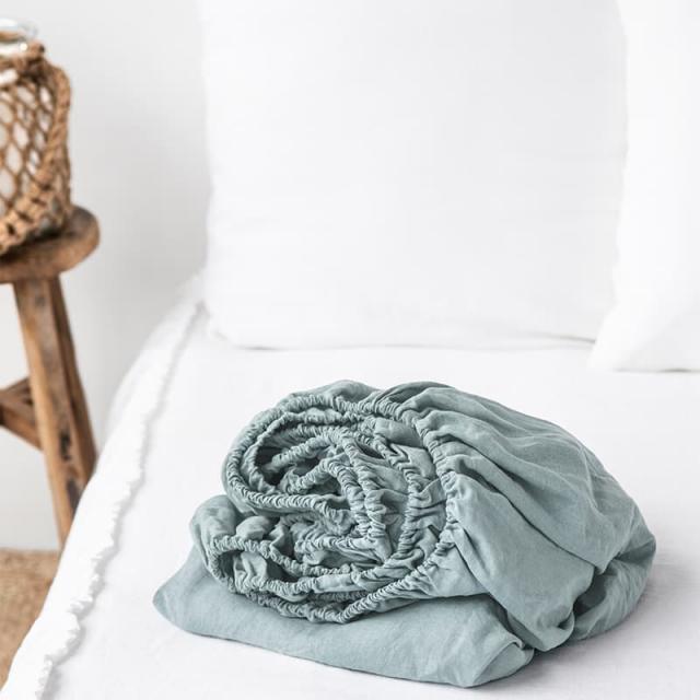 Dusty blue linen fitted sheet-QUEEN